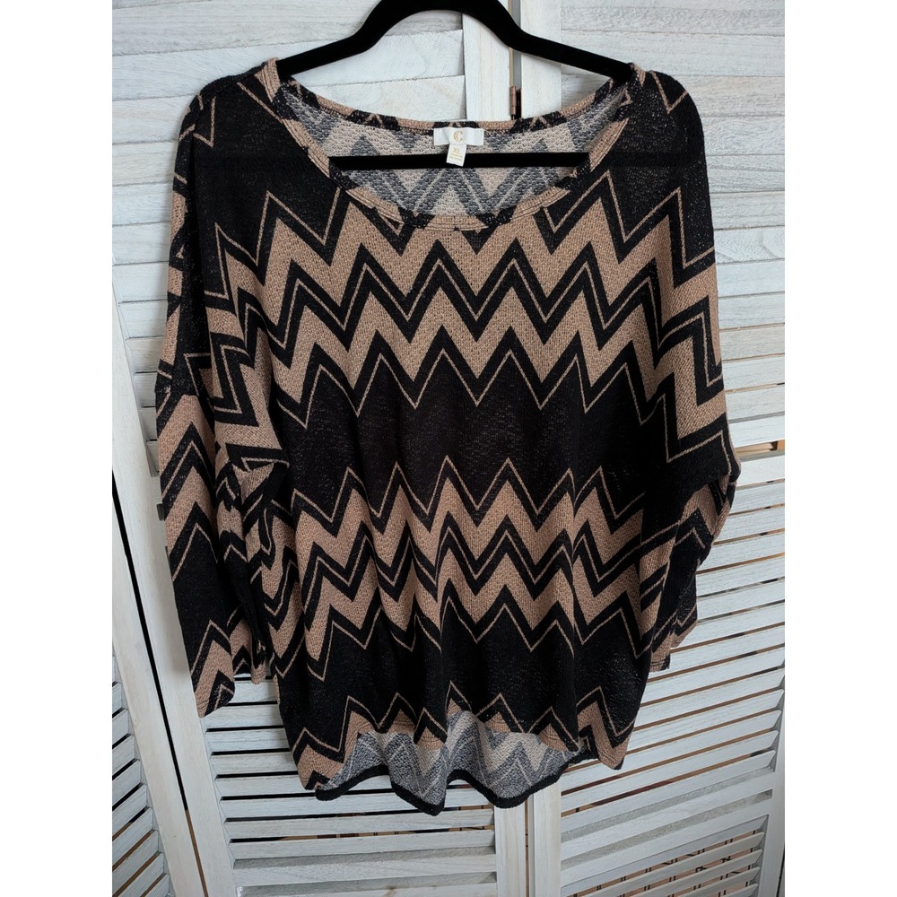 Charming Charlie Womens XL Black Tan Chevron Knit Oversized High Low Top